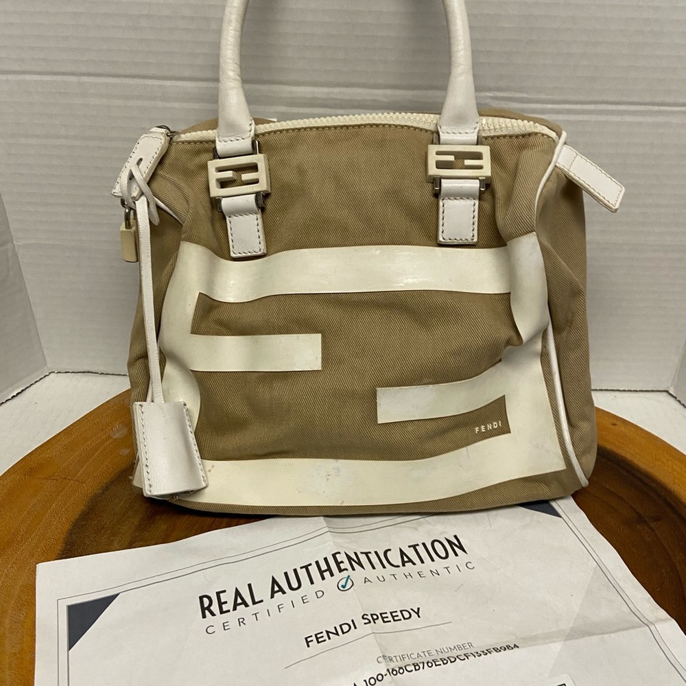 Fendi Canvas Large F Print Boston Bag